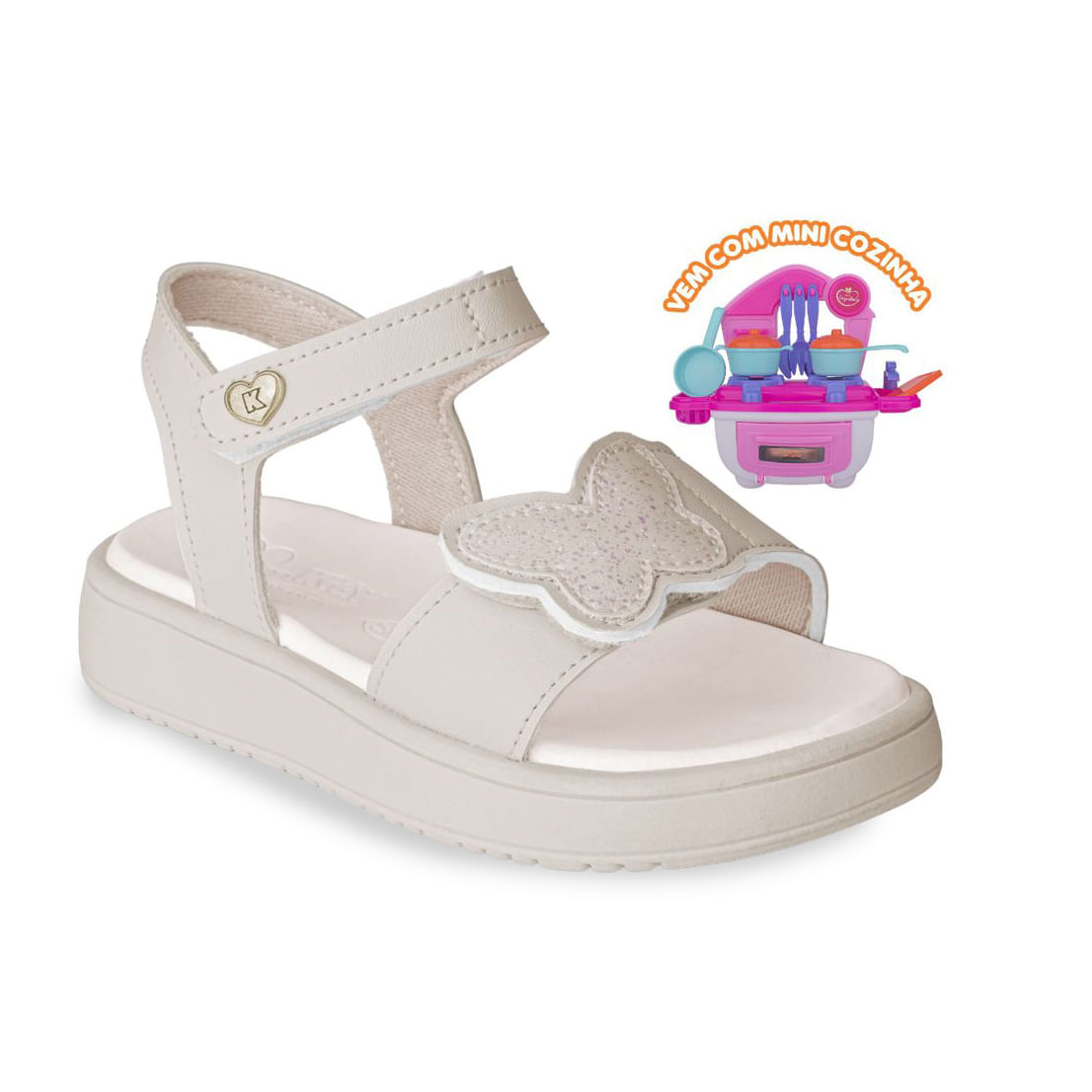 Vista lateral da sandália infantil branca Kidy com detalhes delicados